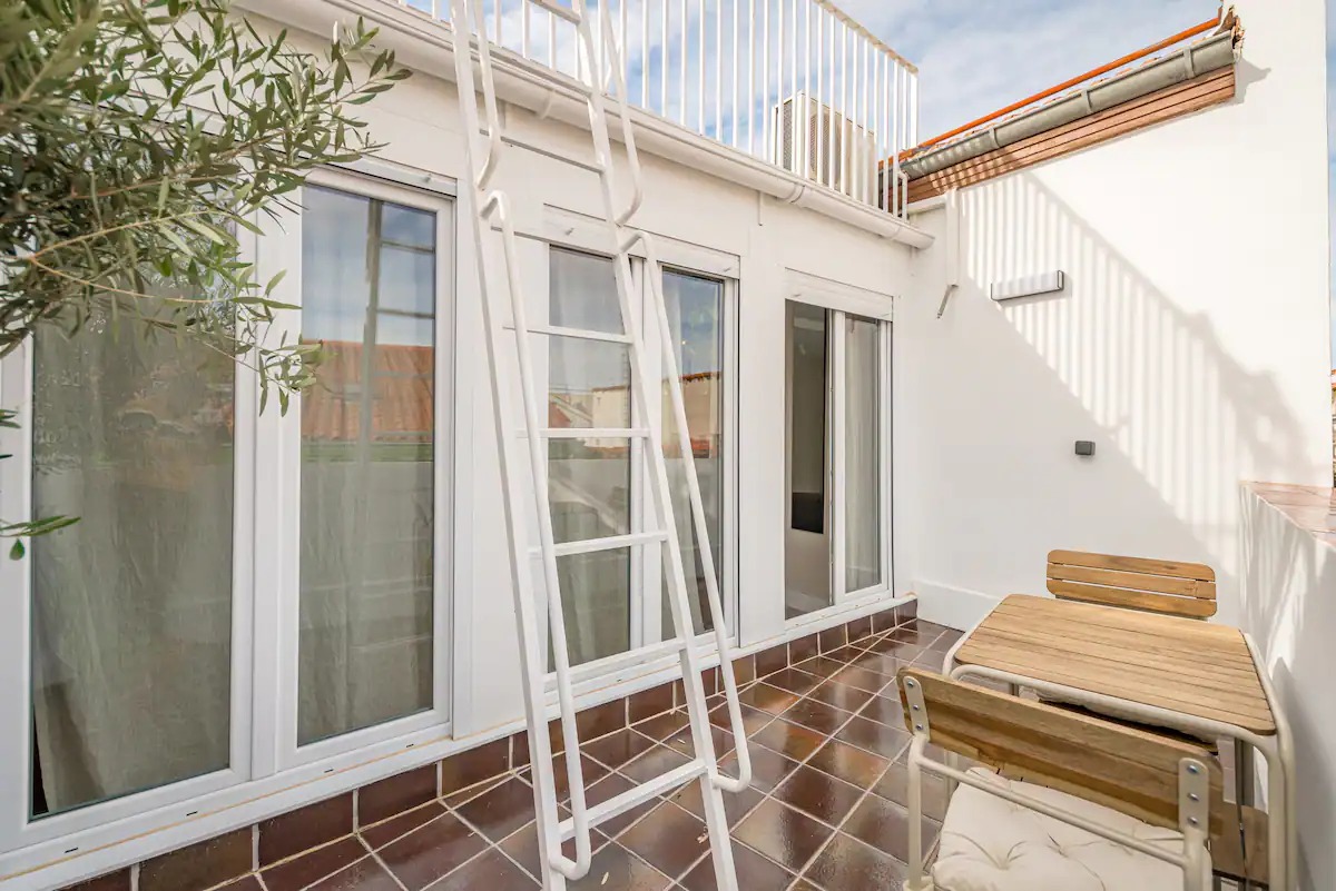 Terrace with three balcony doors and the white ladder leading to the roof
