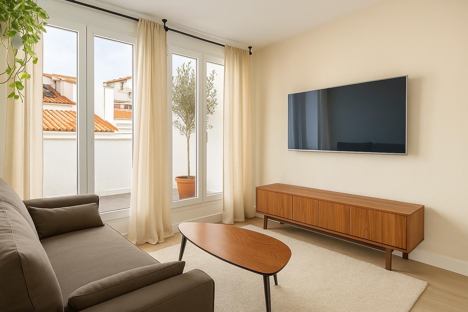 Living room with a brown sofa, wall-mounted TV and floor-to-ceiling windows opening onto the terrace
